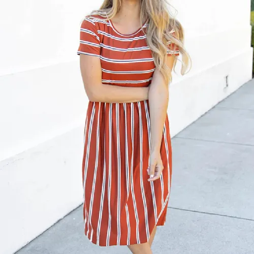 Red Striped Print Summer Dress For Women Short Sleeve Midi Dress PQLQ076B