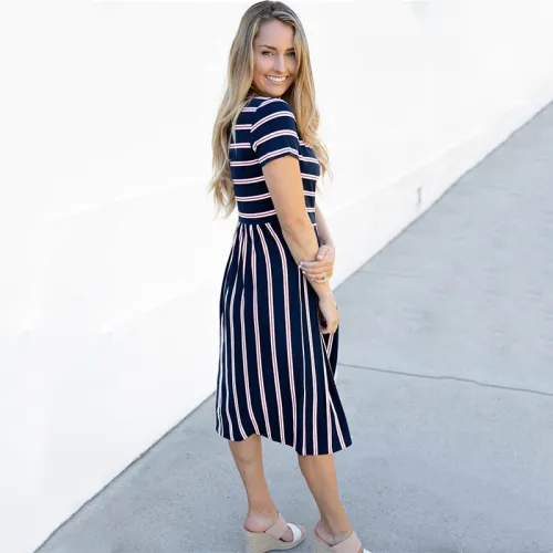 Blue Striped Print Summer Dress For Women Short Sleeve Midi Dress PQLQ076A