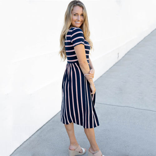 Blue Striped Print Summer Dress For Women Short Sleeve Midi Dress PQLQ076A