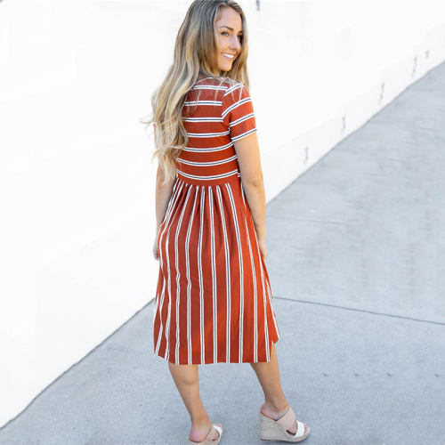 Red Striped Print Summer Dress For Women Short Sleeve Midi Dress PQLQ076B