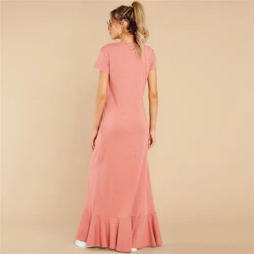 Short Sleeve Maxi Dresses Women Solid Color Boho Dress PQLQ099A