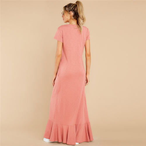 Short Sleeve Maxi Dresses Women Solid Color Boho Dress PQLQ099A