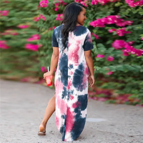 Rose Short Sleeve Maxi Dresses Women Tie Dyed V-neck Boho Dress PQLQ098C