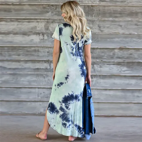 Green Short Sleeve Maxi Dresses Women Tie Dyed V-neck Boho Dress PQLQ098D