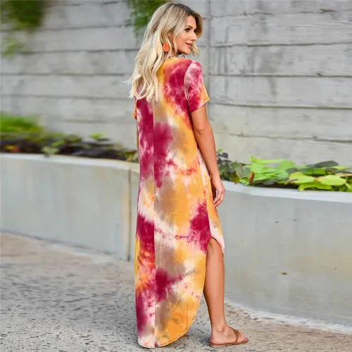 Red Short Sleeve Maxi Dresses Women Tie Dyed V-neck Boho Dress PQLQ098A