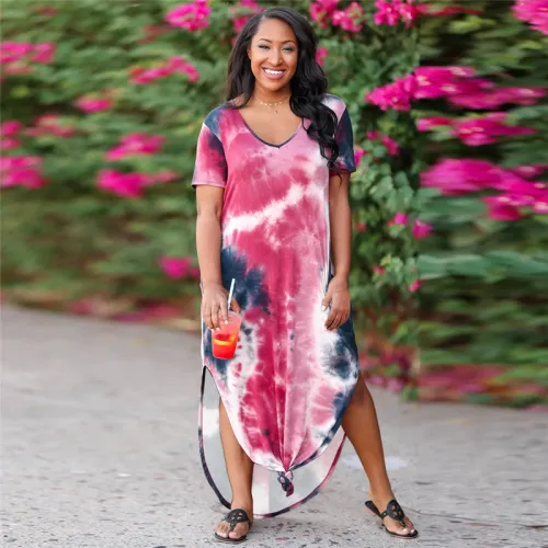 Rose Short Sleeve Maxi Dresses Women Tie Dyed V-neck Boho Dress PQLQ098C