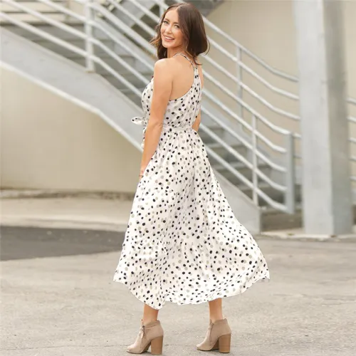 White Polka Dot Summer Dress For Women Sleeveless Midi Dress PQLQ102A