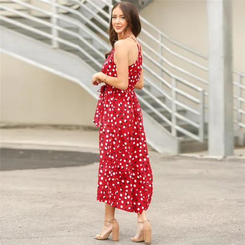 Red Polka Dot Summer Dress For Women Sleeveless Midi Dress PQLQ102B