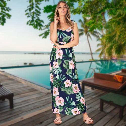 Blue Sleeveless Maxi Dresses Women Floral Printing Boho Dress PQLQ103A