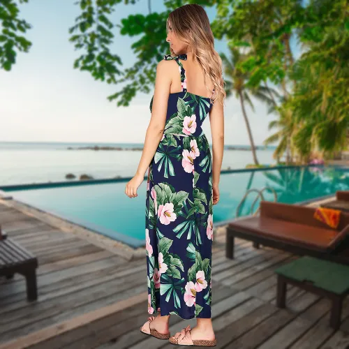 Blue Sleeveless Maxi Dresses Women Floral Printing Boho Dress PQLQ103A