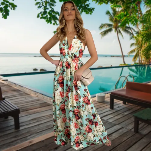 Green Spaghetti Strap Maxi Dresses Women Floral Printed Boho Dress PQLQ113D [OUT OF STOCK]