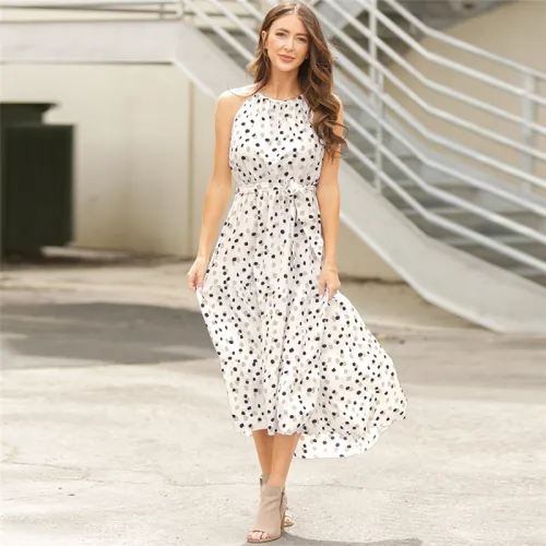 White Polka Dot Summer Dress For Women Sleeveless Midi Dress PQLQ102A