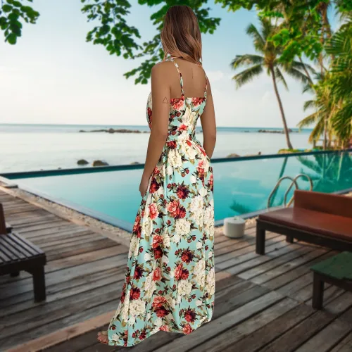 Green Spaghetti Strap Maxi Dresses Women Floral Printed Boho Dress PQLQ113D [OUT OF STOCK]