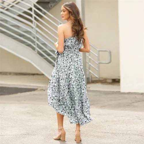 Blue Polka Dot Summer Dress For Women Sleeveless Midi Dress PQLQ102C