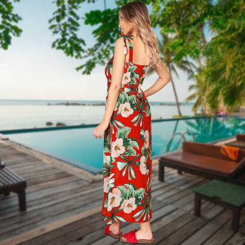 Red Sleeveless Maxi Dresses Women Floral Printing Boho Dress PQLQ103B