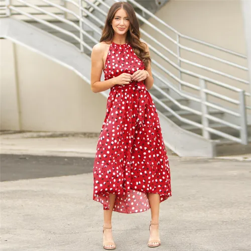 Red Polka Dot Summer Dress For Women Sleeveless Midi Dress PQLQ102B