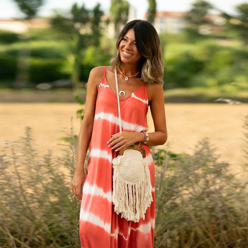 Orange Spaghetti Strap Maxi Dresses Women Tie-dyed Boho Dress PQH2079