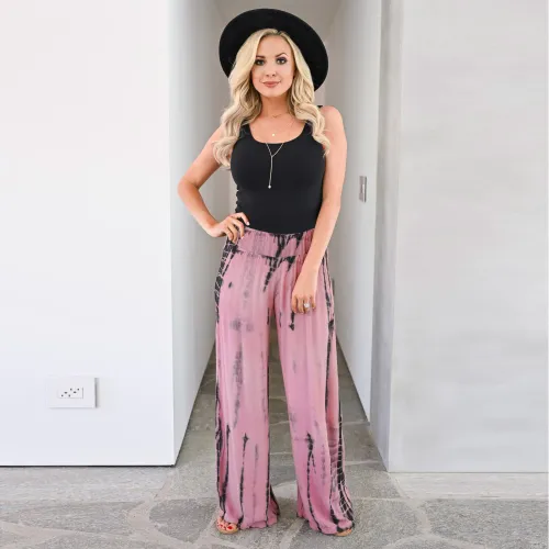 Pink Tie Dyed Wide Leg Pants For Women PQH2059A
