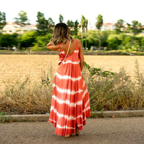 Orange Spaghetti Strap Maxi Dresses Women Tie-dyed Boho Dress PQH2079