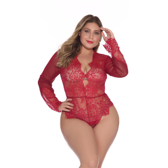 Green Long Sleeve Lace Bodysuit Sexy Teddies Lingerie For Women PQ706A