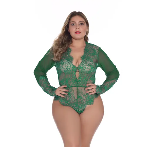 Green Long Sleeve Lace Bodysuit Sexy Teddies Lingerie For Women PQ706A