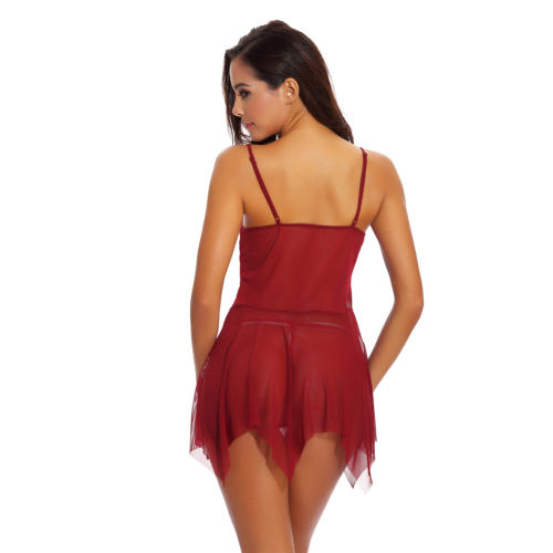 Wine Red Mesh Babydoll Lingerie Sheer Lace Nightdress For Women PQ3277B