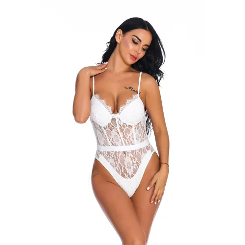 White V-neck Teddies Lingerie Sexy Sheer Bodysuit For Women PQ3623A