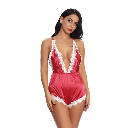 Red Deep V-neck Teddies Lingerie Sexy Satin Bodysuit For Women PQ3515E