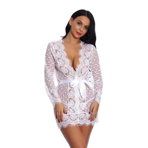 White Sheer Lace Nightdress Sexy Robe Lingerie Women Night Gown PQ3512A
