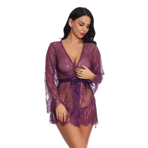 Purple Lace Nightdress Women Night Gown Sexy Robe Lingerie PQ3513D