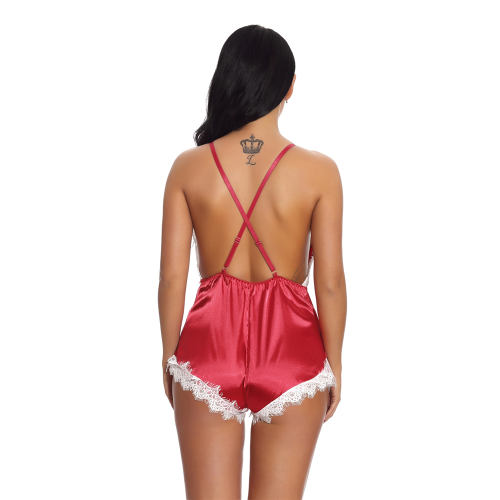 Red Deep V-neck Teddies Lingerie Sexy Satin Bodysuit For Women PQ3515E