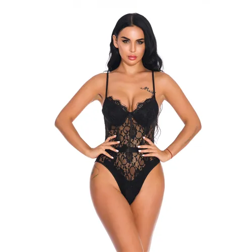 Black V-neck Teddies Lingerie Sexy Sheer Bodysuit For Women PQ3623B