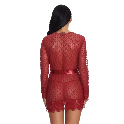 Red Sheer Lace Nightdress Sexy Robe Lingerie Women Night Gown PQ3512C