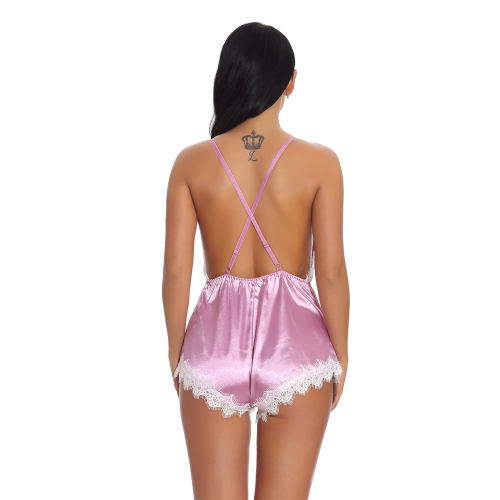 Pink Deep V-neck Teddies Lingerie Sexy Satin Bodysuit For Women PQ3515A