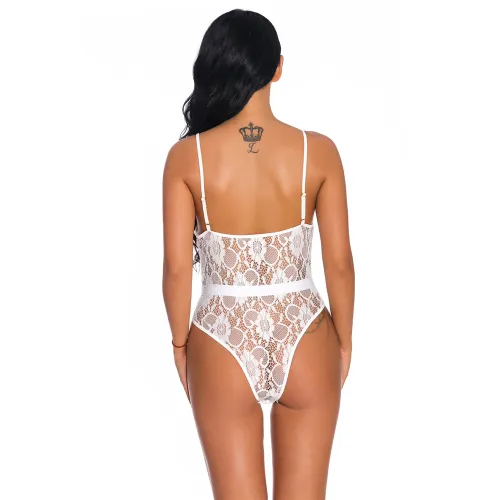 White V-neck Teddies Lingerie Sexy Sheer Bodysuit For Women PQ3623A