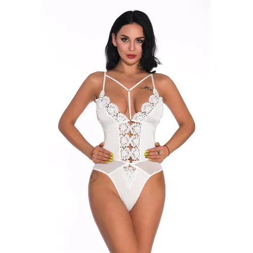 White V-neck Teddies Lingerie Sexy Slim Bodysuit For Women PQ3624C