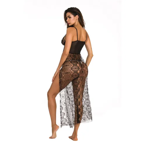 Black Sexy Lace Night Dress Sheer Sleepwear For Women Lingerie PQ3822A