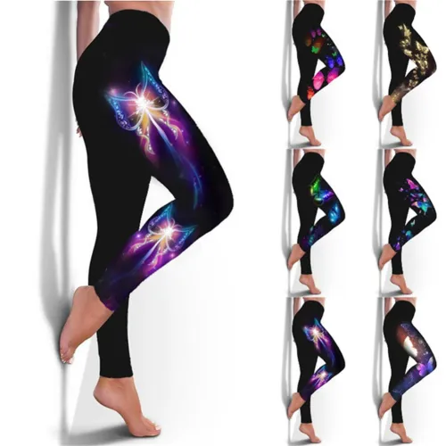 Butterfly Printing High Waist Fitness Tights Yoga Leggings Gym Pants PQYR15