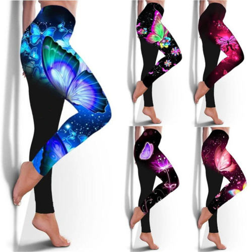 Butterfly Print Yoga Leggings Gym Pants High Waist Fitness Tights PQYR14