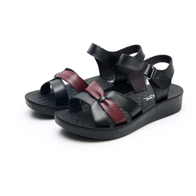 Black Leather Sandals Women Summer Sandals Mom Wearable Shoes Foothold PQ957A