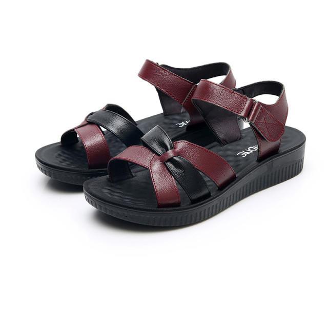 Red Leather Sandals Women Summer Sandals Mom Wearable Shoes Foothold PQ957B