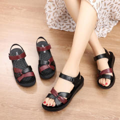 Black Leather Sandals Women Summer Sandals Mom Wearable Shoes Foothold PQ957A