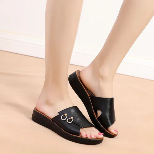 Black Genuine Leather Slippers Wearable Foothold Women Summer Loafers PQ908B