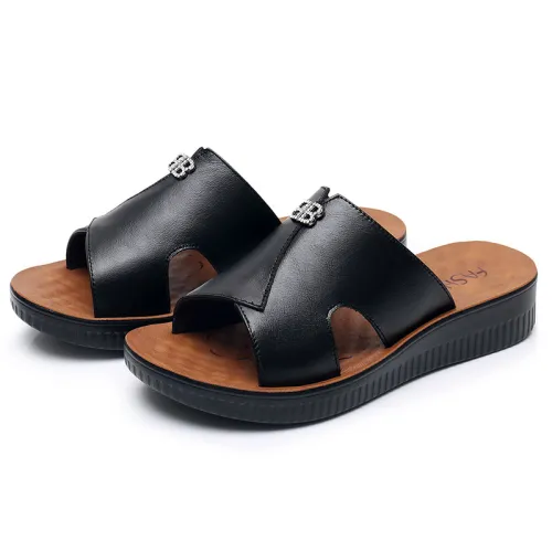 Black Wearable Shoes Foothold Women Summer Loafers Genuine Leather Slippers PQ909B