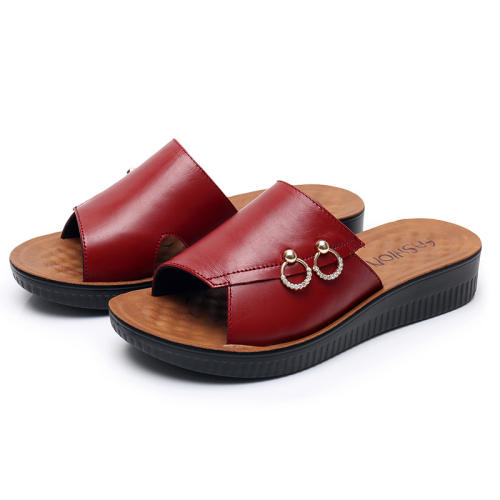 Red Genuine Leather Slippers Wearable Foothold Women Summer Loafers PQ908A