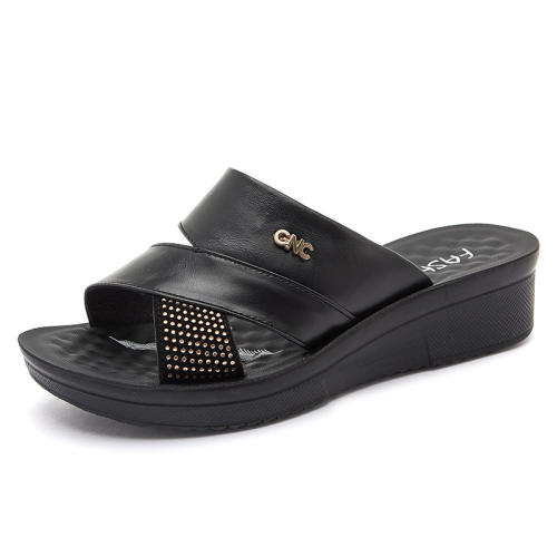 Black Women Summer Loafers Genuine Leather Slippers Wearable Shoes Foothold PQA59B