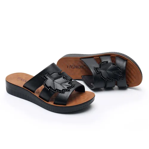 Black Leather Slippers Women Summer Loafers Mom Wearable Shoes Foothold PQ9071B