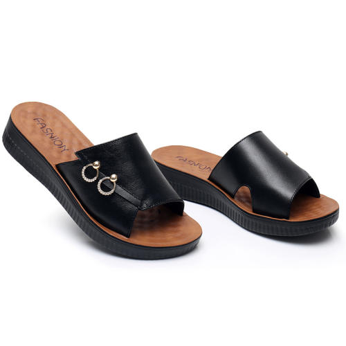 Black Genuine Leather Slippers Wearable Foothold Women Summer Loafers PQ908B