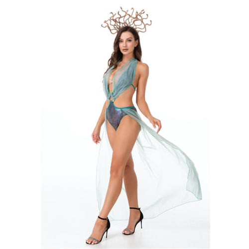 Blue Sexy Evil Demon Queen Costume Ancient Greek Mythology Medusa Uniform PQ7579C