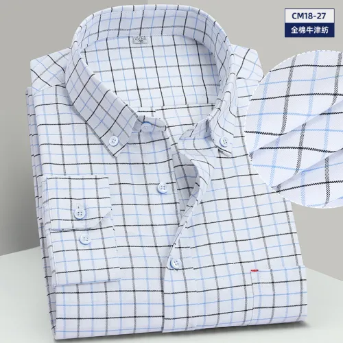 Men's Business Casual Long Sleeve Shirt Pure Cotton Oxford Plaid Shirt PQNJF27